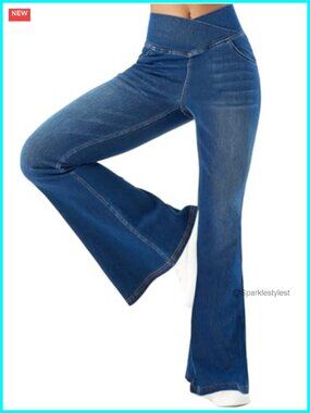 Women Stretchy Bell Bottom Flare Jeans Pull On Pants with Pockets